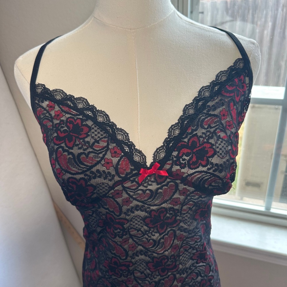 Apt. 9 Intimates Black Red Floral Lace Chemise Slip Nightgown Large mini dress